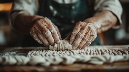 A close-up of an artisan's hands kneading dough on a flour-dusted wooden surface, highlighting traditional baking craftsmanship and the texture of the dough.