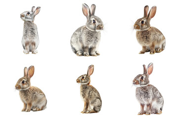 Fototapeta premium Six Grey Rabbits Sitting Against A White Background