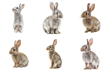 Six Grey Rabbits Sitting Against A White Background