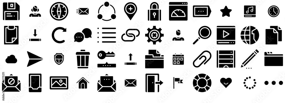 Poster set of linear ui fill icons collection isolated silhouette solid icons including storage,email,messa