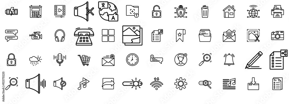 Poster a collection of ui essential icon line style icons web header banner design containing message,music