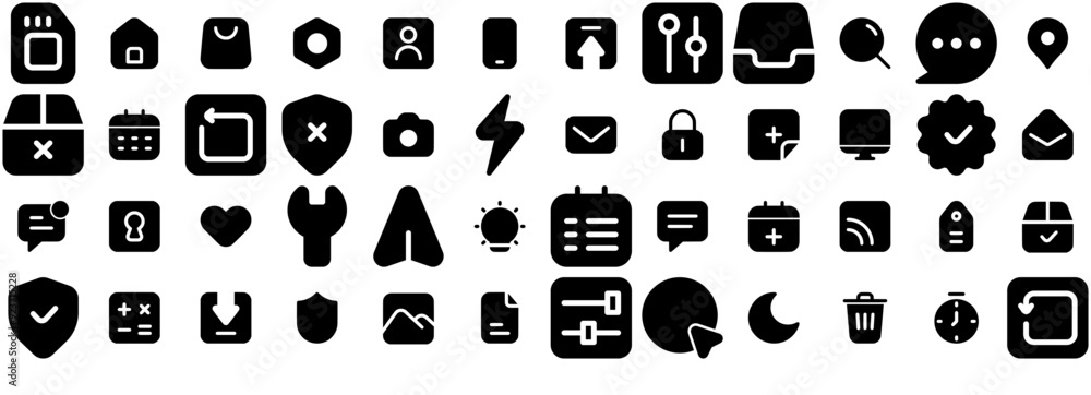 Poster a collection of ui essentials v2 solid icons silhouette vector logo design containing message,securi