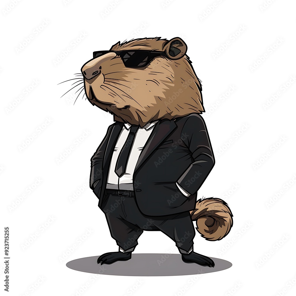 Wall mural a cartoon capybara wearing a suit and sunglasses, standing with one hand on hip and the other hangin