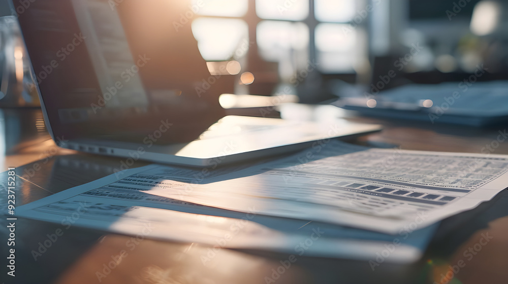 Poster close-up of financial documents and a laptop on a desk in a sunlit office, symbolizing business anal