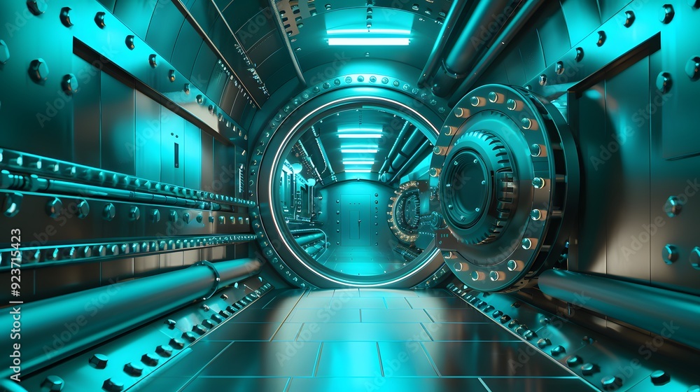 Poster a hidden doorway within a high-tech cryptographic vault, subtly blending into the secure environment