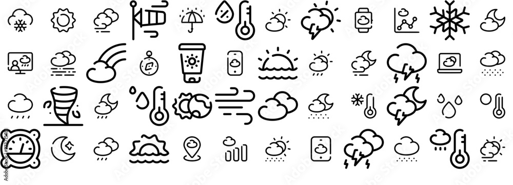 Poster set of linear tiny weather pack icons web header banner design containing weather,forecast,cloud,nat