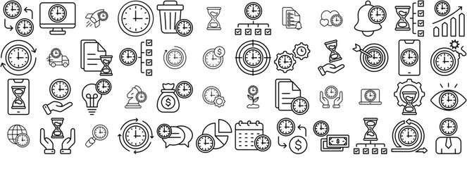 A Collection Of Time Management Vector Symbols Apps, Websites Ui Designs Suitable For Schedule,Timer,Time,Clock,Time-Management Vector Icon Set Linear Pictogram Pack