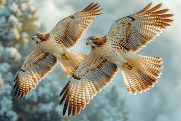 Fototapeta premium A pair of hawks performing an aerial dance, their wings moving in perfect harmony against a backdrop of clouds,