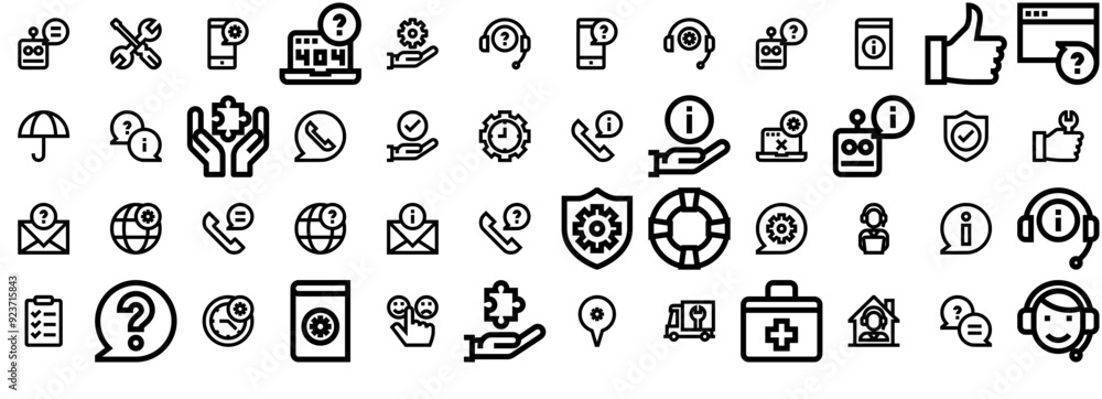 Poster set of linear support basic outline acute icons icons web header banner design containing chat,techn