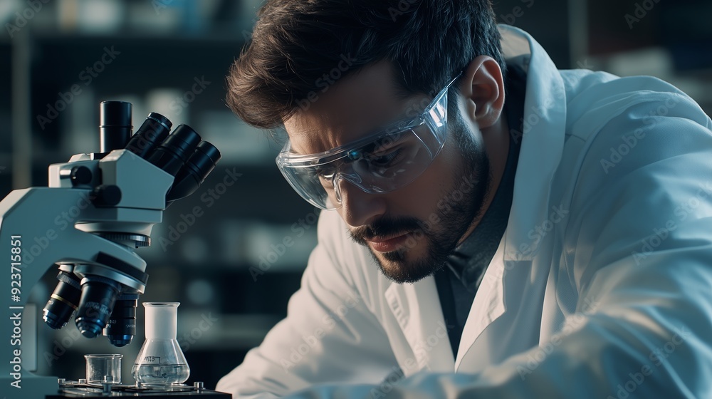 Poster scientist examining samples under a microscope in a laboratory during the afternoon