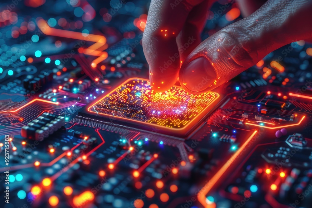Poster a fingertip hovering over a glowing circuit board