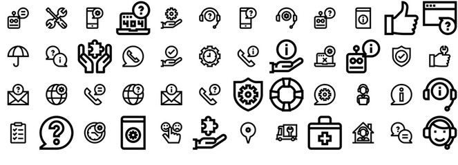 Set Of Linear Support Basic Outline Acute Icons Icons Web Header Banner Design Containing Chat,Technical-Support,Help,Support,Information Infographic Simple Vector Illustration Logo