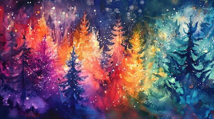 Naklejka premium Christmas trees in the forest with colorful lights, watercolor style.