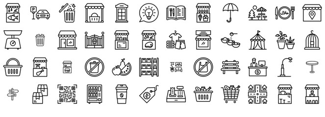 Set Of Street Market Vector Symbols Apps, Websites Ui Designs Suitable For Street,Market,Cashier,Food,Furniture Business Infographic Elements Logo Vector Illustration