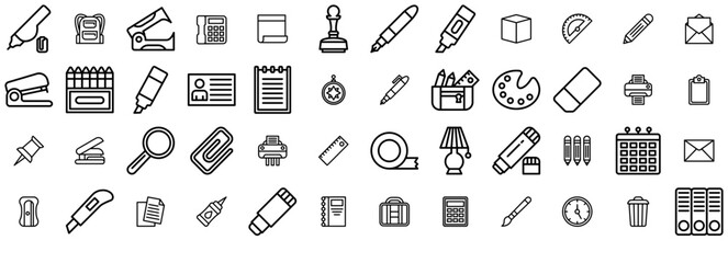 Mega Set Of Vector Stationery Thick Line Icons Silhouette Vector Logo Design Containing Office,Stationery,Tool,Education,Paper Vector Icons Illustration Collection