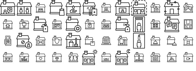 Set Of Linear Stay At Home Icons Web Header Banner Design Containing Food,House,Home,Coronavirus,Stay-At-Home Business Infographic Elements Logo Vector Illustration