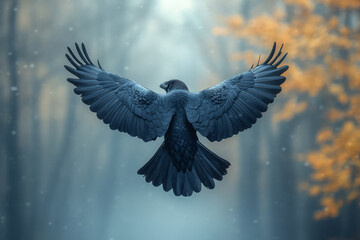 Obraz premium A powerful raven flying over a misty forest, its dark wings cutting through the morning fog,