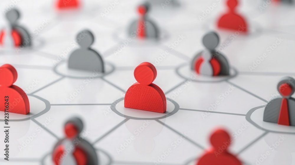 Sticker connected community, vibrant red and gray icons representing individuals interlinked in a dynamic ne