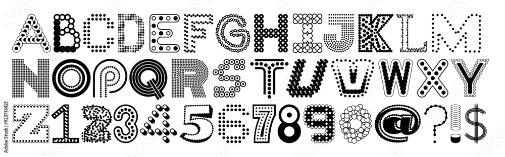 Fototapete a random ransom-style vector alphabet font with a mix of linear speck letters. each figure features 
