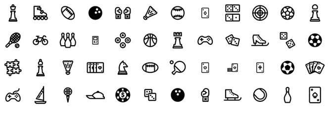 Set Of Linear Sport Games Icons Silhouette Vector Logo Design Containing Sport,Casino,Ball,Game,Chess Stroke Icon Collection. Vector Illustration