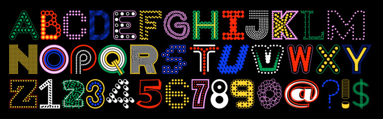 A random ransom-style vector alphabet font with a mix of linear speck letters. Each figure features dots, circles, and collage elements, creating a chaotic matrix of unique letterforms. © crocolot