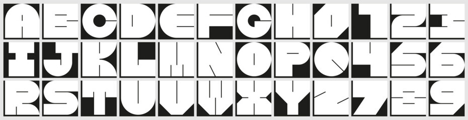 Bright and bold geometric alphabet and numbers in a modern Art Deco style. This  abstract vector design is perfect for creative typography, digital art, and stylish graphic design projects.