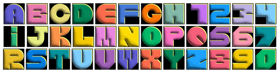 Vibrant 3D retro font with a colorful pop art style and halftone texture. Perfect for playful and creative design projects, comic-style artworks, posters, and vintage-themed typography.