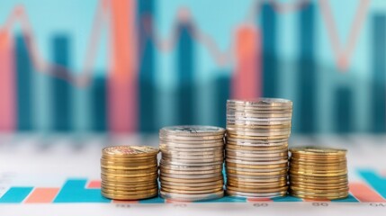 Coin stack symbolizing financial growth, upward trend graph indicating market success, representation of business marketing strategies and economic progress.
