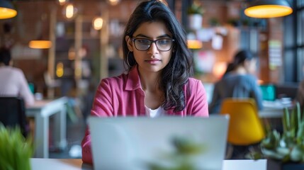 A focused individual wearing glasses, working on a laptop in a vibrant, well-lit office environment with others in the background.