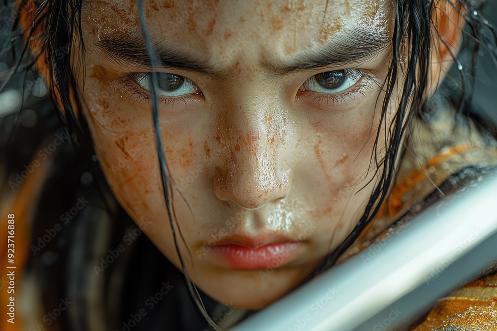 Poster a young apprentice watching in awe as the swordmasterâ€™s resolve is tested in a fierce battle again