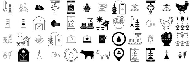 A Collection Of Smart Farm S Pixel Prefectlineglyphs Vector Symbols Apps, Websites Ui Designs Suitable For Plant,Agriculture,Smart-Farm,Technology,Farm Solid Icon Collection. Vector Illustration
