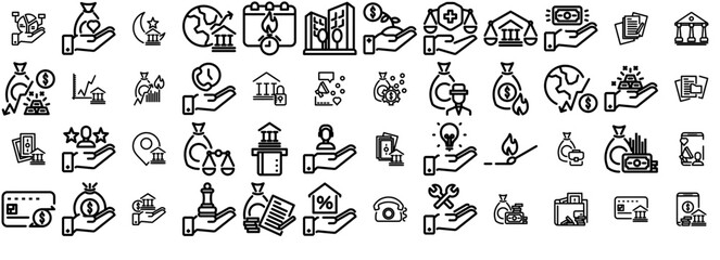A Collection Of Sharia Economics Isolated Silhouette Solid Icons With Money-Bag,Investment,Income,Bank,Money Set Vector Flat Line Icons