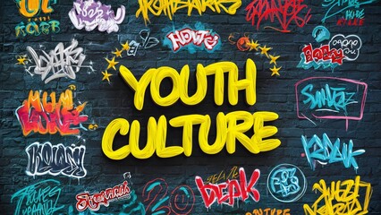 A poster with the phrase “Youth Culture” written on it in different colors and styles of graffiti in different colors that indicate youth.