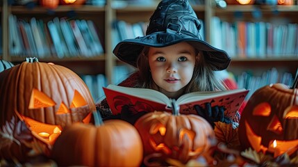 Girl reading a Halloween storybook surrounded by pumpkins