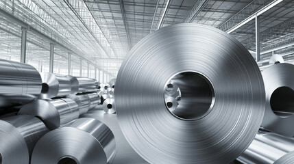 Coils of galvanized steel sheets stored inside a factory or warehouse.