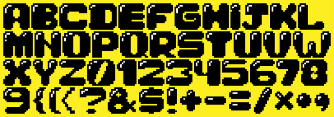 An 8-bit pixelated alphabet. Reminiscent of classic video game graphics and comic book style. Perfect for gaming enthusiasts, retro design projects, capturing nostalgia and 'game over' moments
