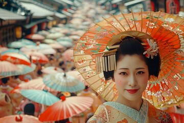 Portrait of a Beautiful Geisha Celebrating a Japanese Festival Outdoors. Capturing the Elegance and Cultural Heritage of Japan in a Vibrant Street Setting. A Reflection of Traditional Japanese Culture