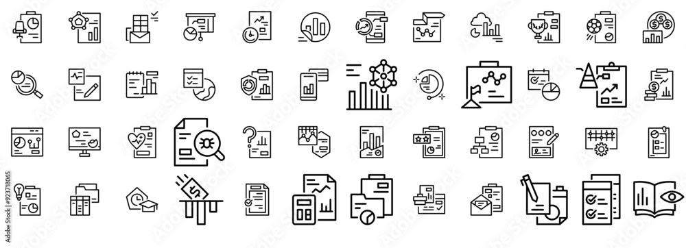 Poster set of linear report vector symbols apps, websites ui designs suitable for data,analytics,report,bus