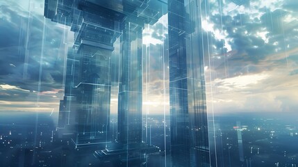 Obraz premium A grand, futuristic structure representing ethical AI guidelines, with pillars and beams symbolizing fairness, transparency, and accountability guiding the design and deployment of AI systems