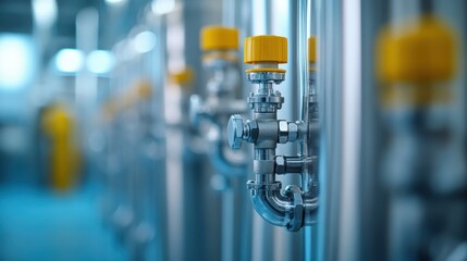 Yellow valve knobs are attached to rows of industrial pipes, underscoring the complex networks and operations in a high-tech factory environment.