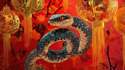 A snake coiled around traditional Chinese lanterns, set against a vibrant background celebrating the Chinese New Year with festive colors and patterns.