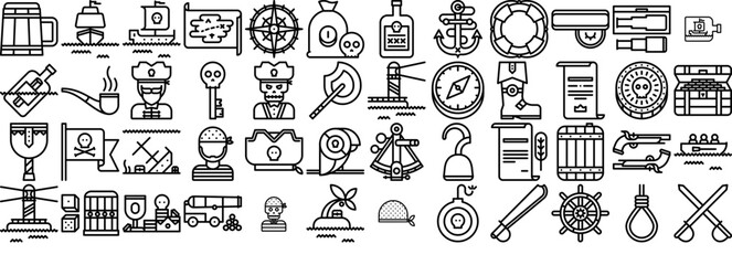 Set Of Linear Pirates Icons Collection Isolated Silhouette Solid Icons Including Treasure,Pirate,Pirates,Ship,Sailing Set Vector Flat Line Icons