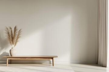 Fototapeta premium modern interior design of an empty wall with a coffee table and wooden bench in the foreground