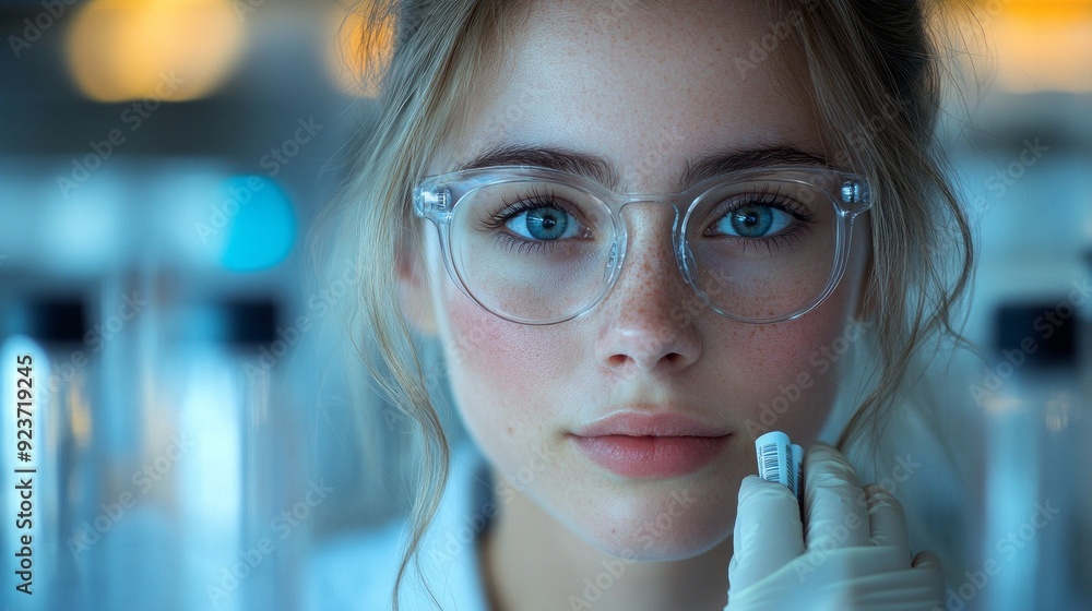 Poster a young scientist curiously inspects a small vial while working in a bright laboratory filled with e