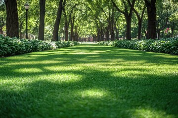 Fototapeta premium A Lush Green Path Through a Tranquil Tree-Lined Avenue