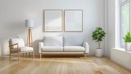 Fototapeta premium simple and clean living room with wooden floors, white walls, a light-colored sofa, armchair, coffee table