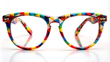 Trendy spectacles with brightly colored frames showcasing a vibrant, abstract geometric pattern, resting on a minimalist white background, evoking a sense of modern style.
