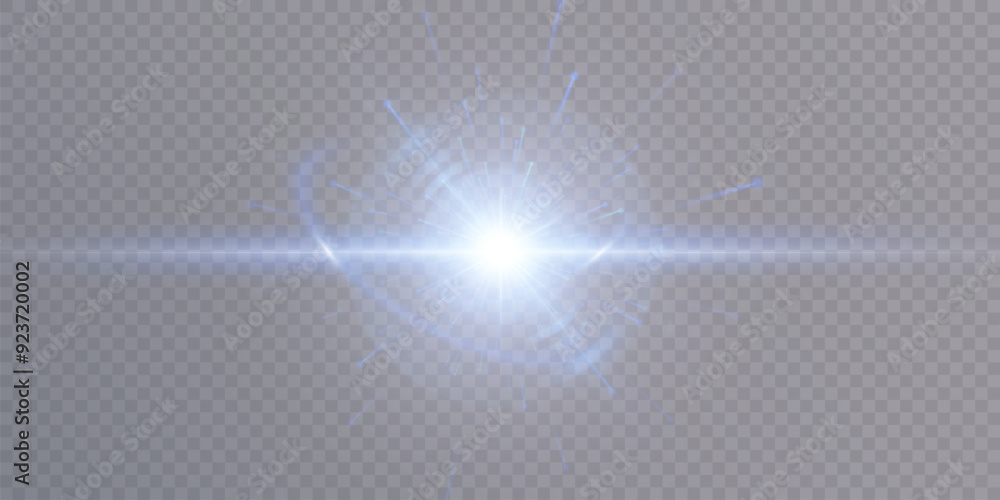 Poster Abstract blue light rays PNG effect with glare and sparkles on transparent background. Vector 10 EPS