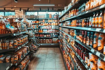 Fototapeta premium Grocery Store Aisle with Various Products on Shelves