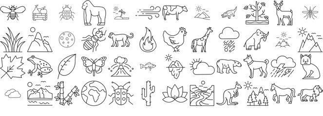 Set Of Linear Nature Icon Pack Icons Silhouette Vector Logo Design Containing Animal,Nature,Wildlife,Landscape,Zoo Stroke Icon Collection. Vector Illustration
